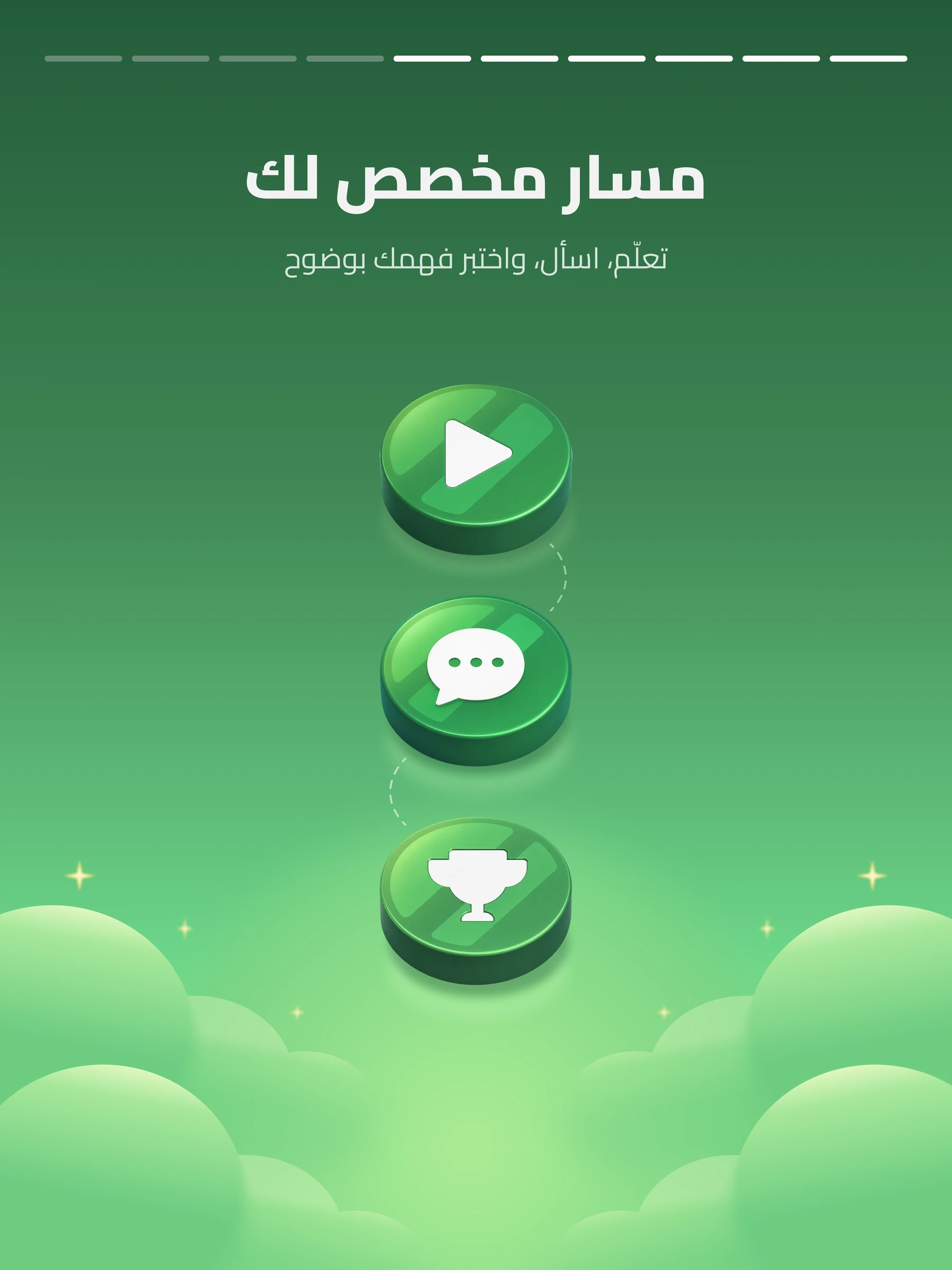 معاينة تسويقية طولية مقدّمة لصقوري بعنوان «مسار مخصص لك»، مع رسوم لأنشطة التعلّم والمحادثة والجوائز.